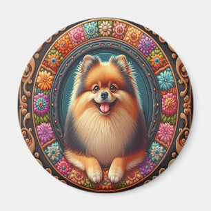 Stylish Pomeranian Dog Floral Colourful Border Magnet