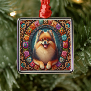 Stylish Pomeranian Dog Floral Colourful Border Metal Tree Decoration