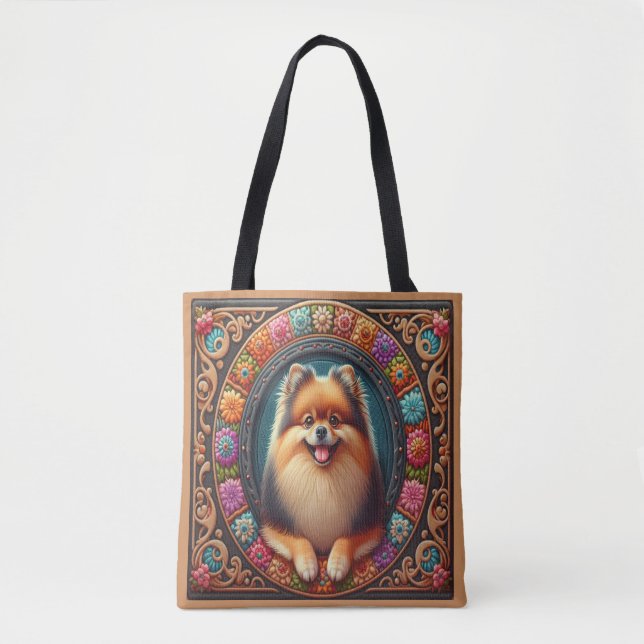 Stylish Pomeranian Dog Floral Colourful Border Tote Bag (Front)