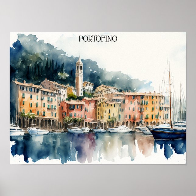 Stylish Portofino Italy Watercolor Painting Poster (Front)