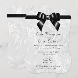 Stylish Posh Diamond Bow & Damask Sweet 16 Invitation