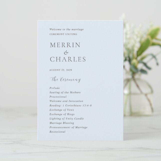 Stylish Powder Blue Modern Wedding Programme (Standing Front)