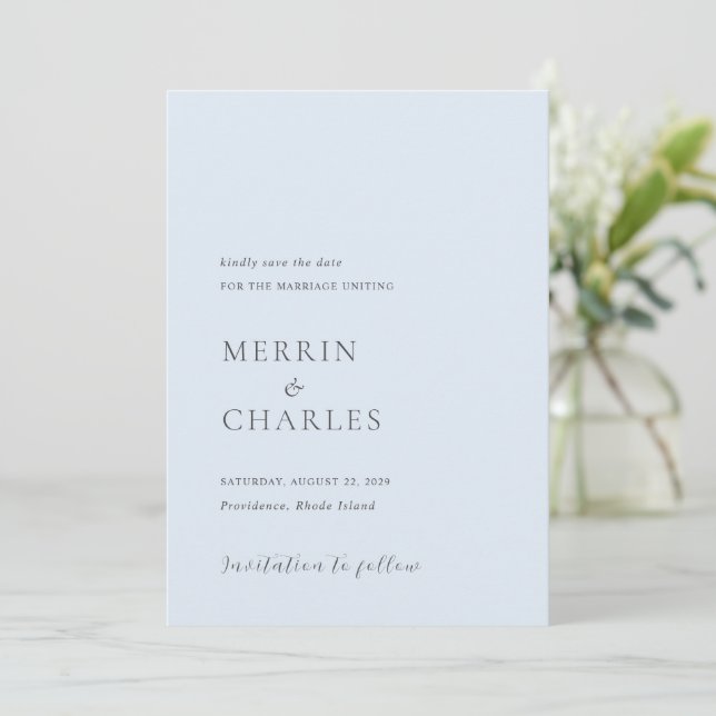Stylish Powder Blue Modern Wedding Save The Date (Standing Front)