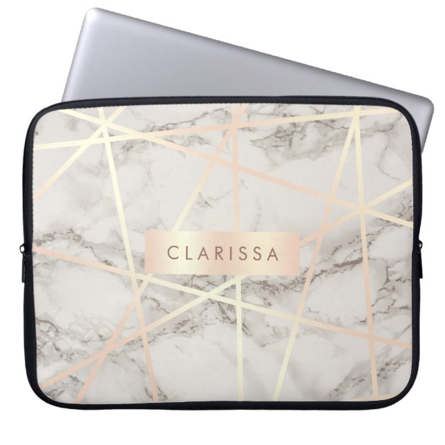 Stylish pretty chick rose gold & white marble laptop sleeve (Front)