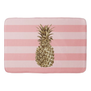 Stylish pretty girly gold pineapple & pink stripe bath mat
