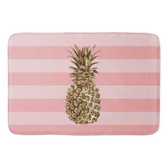 Stylish pretty girly gold pineapple & pink stripe bath mat (Front)