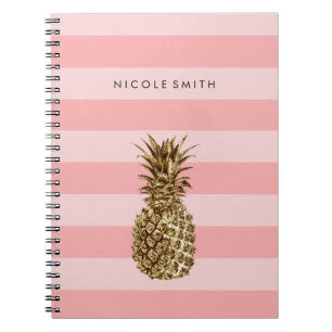 Stylish pretty girly gold pineapple & pink stripe notebook