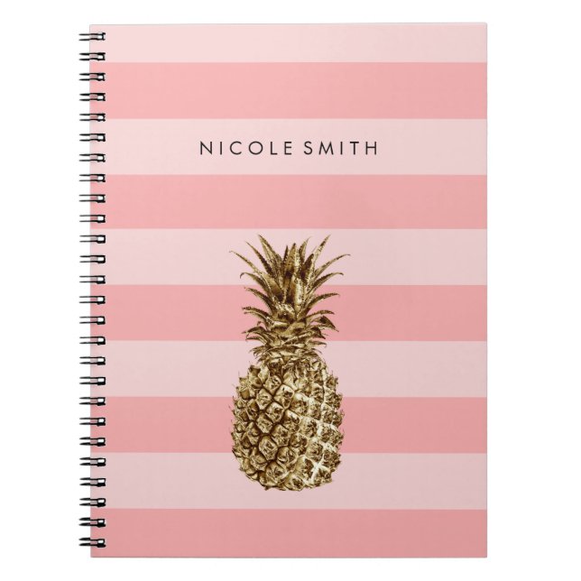 Stylish pretty girly gold pineapple & pink stripe notebook (Front)