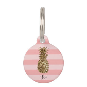 Stylish pretty girly gold pineapple & pink stripe pet tag