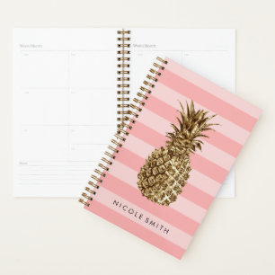 Stylish pretty girly gold pineapple & pink stripe planner