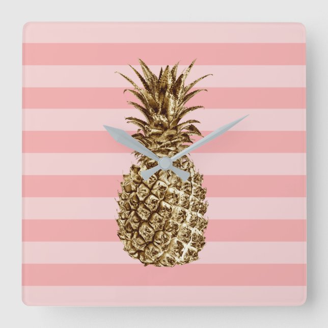 Stylish pretty girly gold pineapple & pink stripe square wall clock (Front)