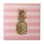 Stylish pretty girly gold pineapple & pink stripe tile<br><div class="desc">Elegant and cute faux gold pineapple.</div>