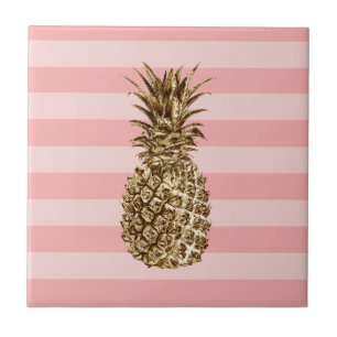 Stylish pretty girly gold pineapple & pink stripe tile