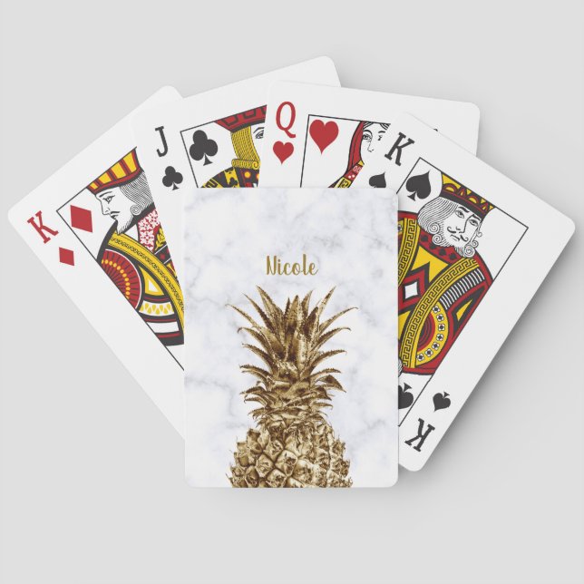 Stylish pretty girly gold & white marble pineapple playing cards (Back)