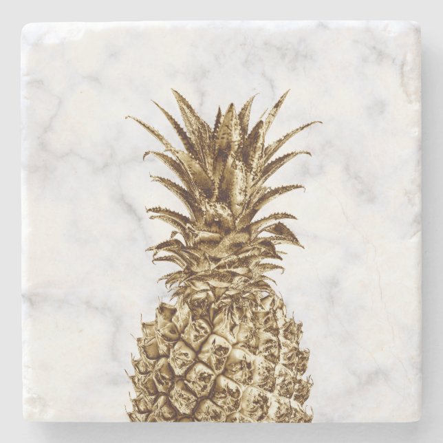 Stylish pretty girly gold & white marble pineapple stone coaster (Front)
