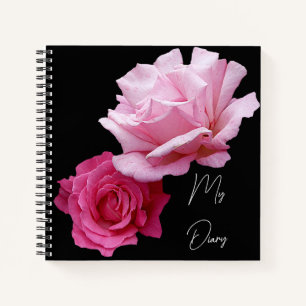 Stylish pretty pink rose flowers black trendy boho notebook