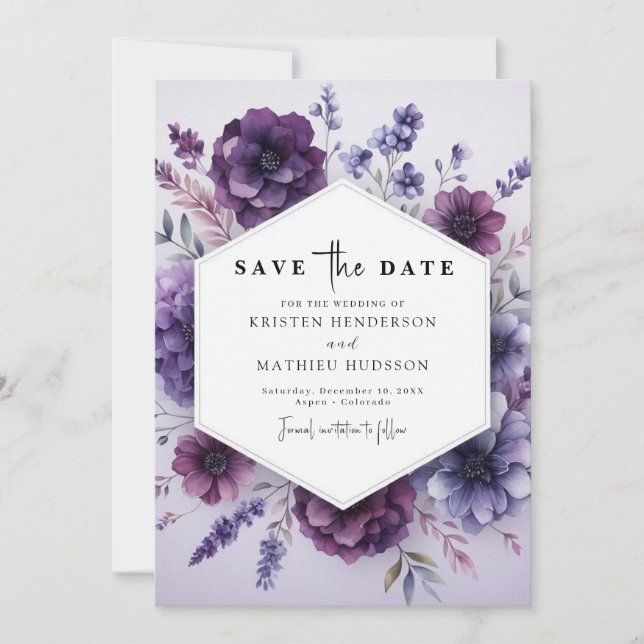 Stylish Printable Purple Floral Wedding Save The Date (Front)
