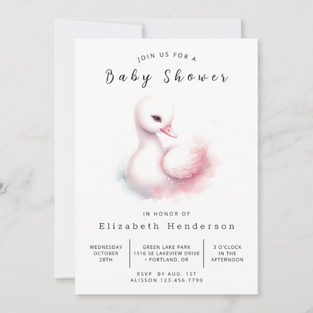 Stylish Printable Swan Baby Shower Invitation (Front)