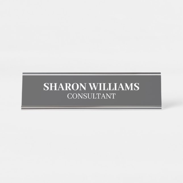 Stylish Professional Grey White Minimalist Desk Name Plate (Front)