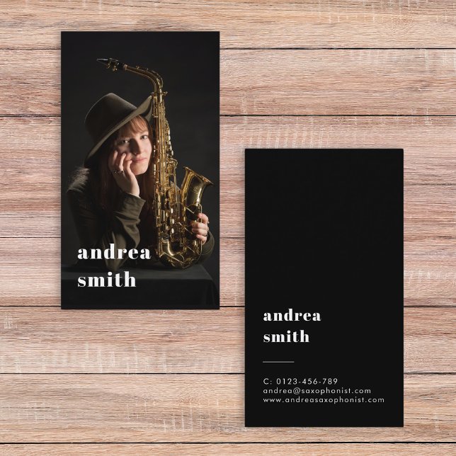 Stylish Professional Musician Minimal Photo Black Business Card (Creator Uploaded)