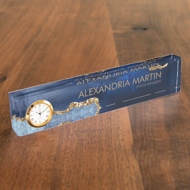 Stylish Professional Navy Blue Gold Glitter Office Nameplate (Side)