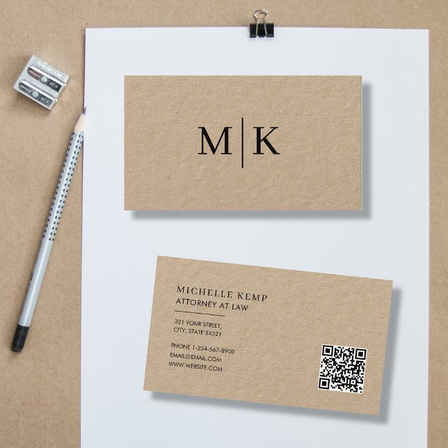 Stylish Professional QR Code Monogram Kraft Business Card (Creator Uploaded)