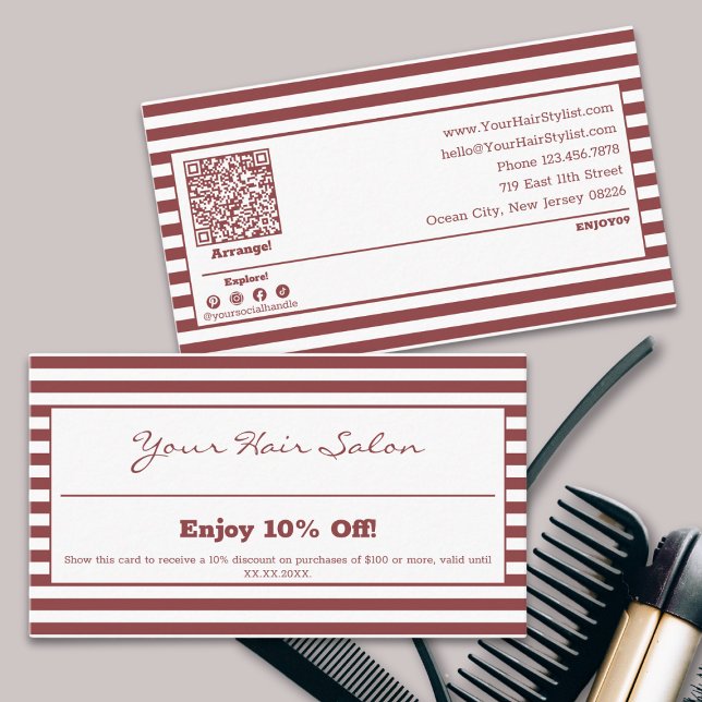 Stylish Professional Striped Hair Salon 10% Discount Card (Stylish Professional Striped Hair Salon 10% Discount Card, Terms, QR code, Social, Tracking)