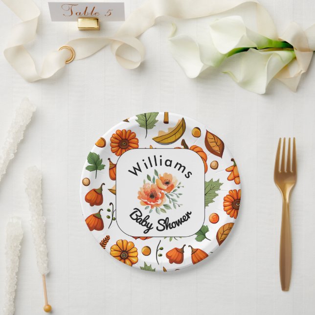 Stylish Pumpkin Floral Fall Baby Shower Paper Plate (Wedding)