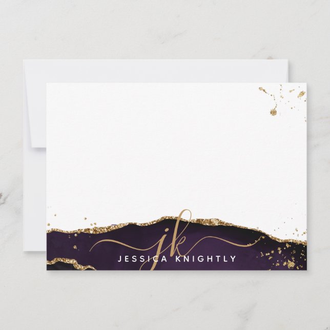 Stylish Purple Agate Gold Glitter Script Monogram Card (Front)