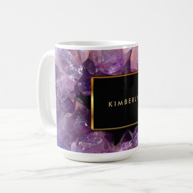 Stylish purple amethyst gemstone geode monogrammed coffee mug (Front Left)