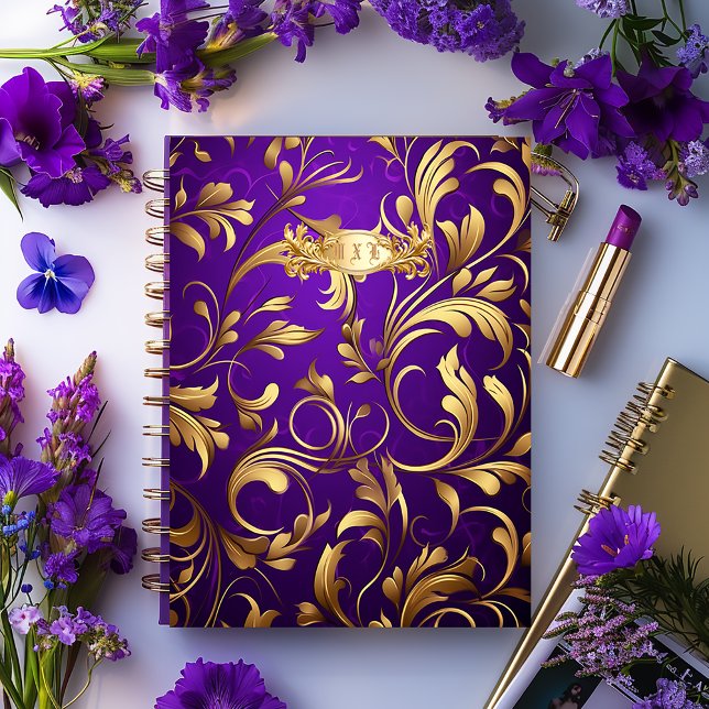 Stylish Purple and Gold Damask Monogrammed Planner (Stylish Purple and Gold Damask Monogrammed Planner/ Glossy Softcover or Matte Hardcover )