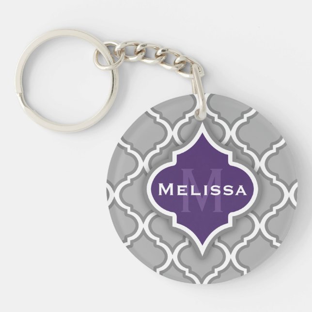 Stylish Purple and Grey Moroccan Tile Pattern Key Ring (Front)