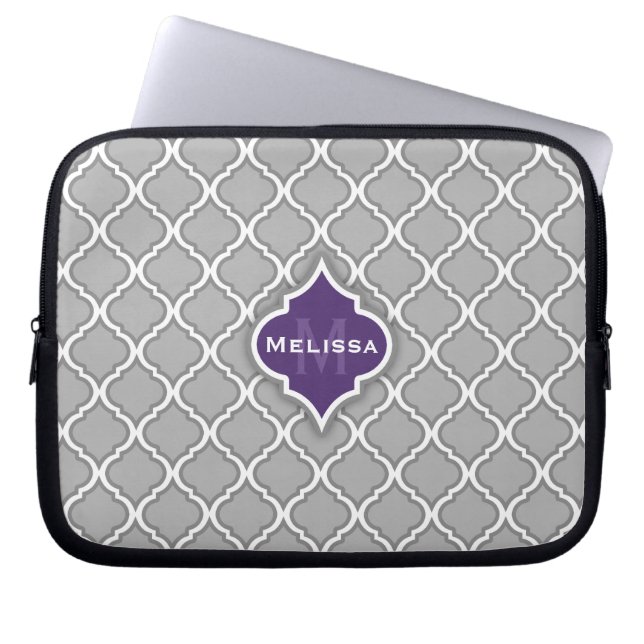 Stylish Purple and Grey Moroccan Tile Pattern Laptop Sleeve (Front)