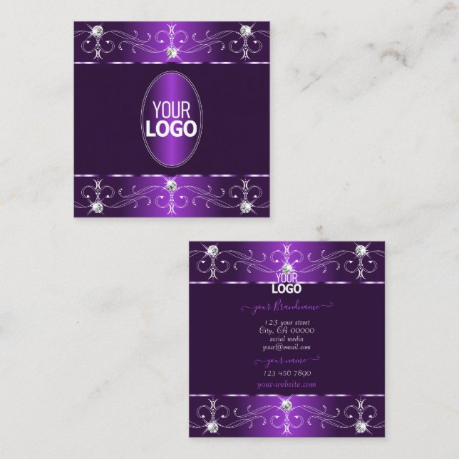 Stylish Purple and Lilac Ornate Ornaments add Logo Square Business Card (Front/Back)
