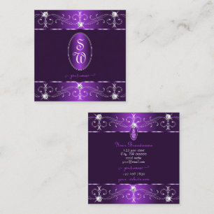 Stylish Purple and Lilac Ornate Ornaments Monogram Square Business Card