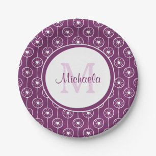 Stylish Purple and White Hearts Monogram With Name Paper Plate