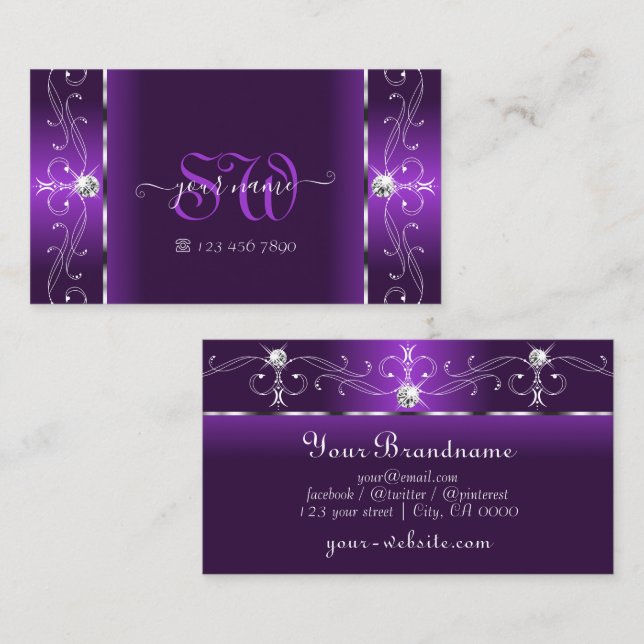 Stylish Purple and White Squiggled Jewels Monogram Business Card (Front/Back)