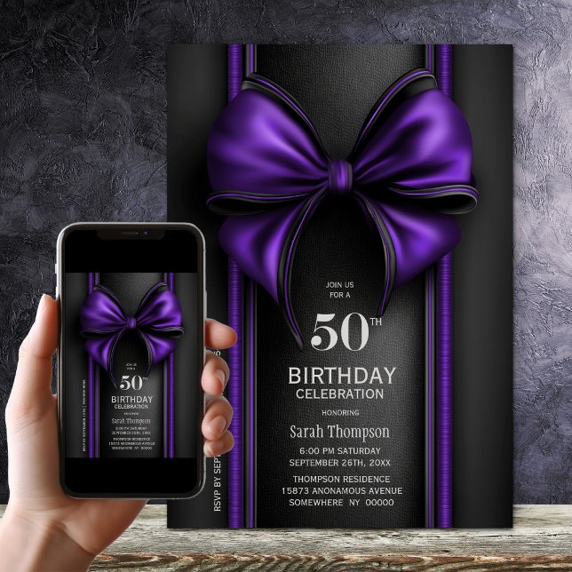 Stylish Purple Bow 50th Birthday Party Invitation (Creator Uploaded)