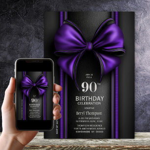 Stylish Purple Bow 90th Birthday Party Invitation