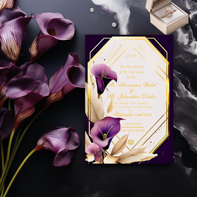 Stylish Purple Calla Lilly Floral Script Wedding Invitation (Stylish and Chic Deep Violet Purple and Gold Calla Lilies Wedding Invitation.)