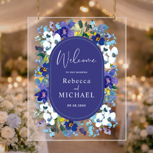 Stylish purple dusty blue floral wedding welcome acrylic sign