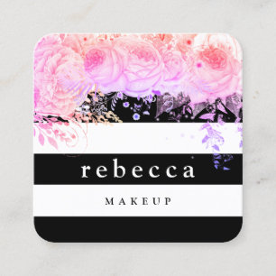 Stylish purple floral black white stripes makeup square business card