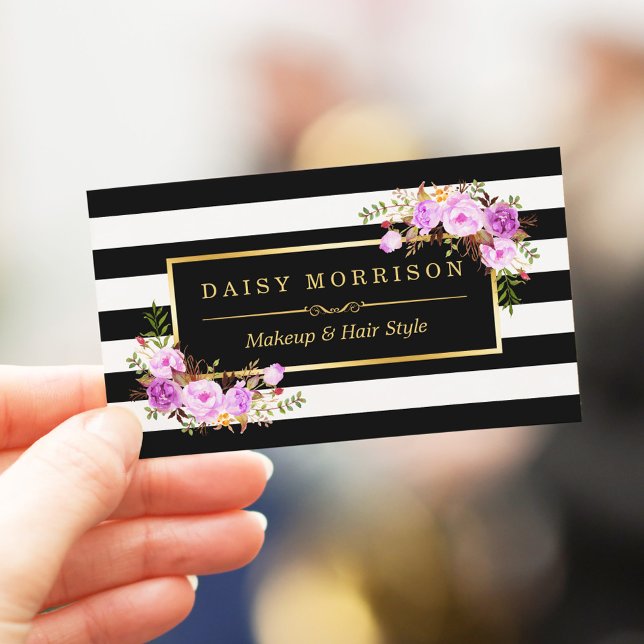 Stylish Purple Floral Gold Black White Stripes Business Card (Creator Uploaded)