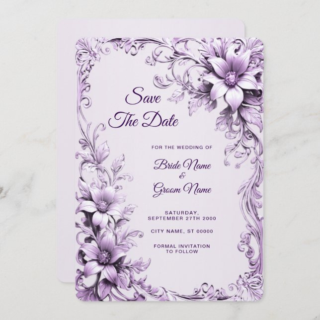 Stylish Purple Flowers Save The Date (Front/Back)