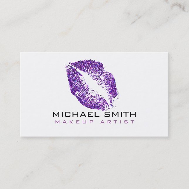 Stylish Purple Glitter Lips Makeup Artist #2 Business Card (Front)