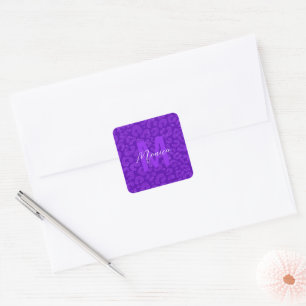 stylish Purple Glitter Monogram Script Name Square Sticker
