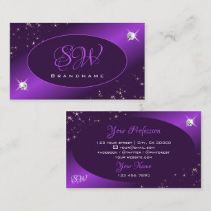 Stylish Purple Glitter Stars Diamonds and Initials Business Card