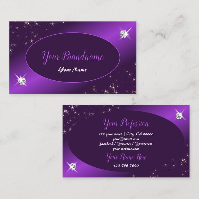 Stylish Purple Glitter Stars Diamonds Professional Business Card (Front/Back)
