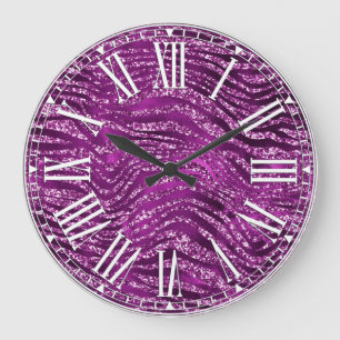 Stylish Purple Glitter Wild Tiger Stripes Pattern Large Clock