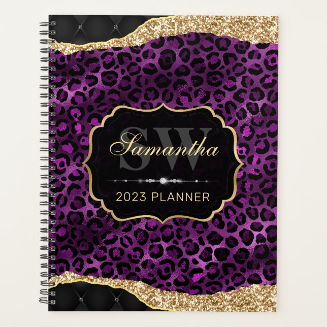 Stylish Purple & Gold Foil Leopard Spots Monogram Planner (Front)
